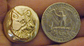 Corgi Button, 3/4 view with quarter