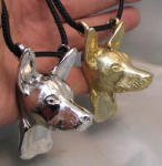 Xoloitzcuintle Pendants, nickel plated and bronze, 3/4 view